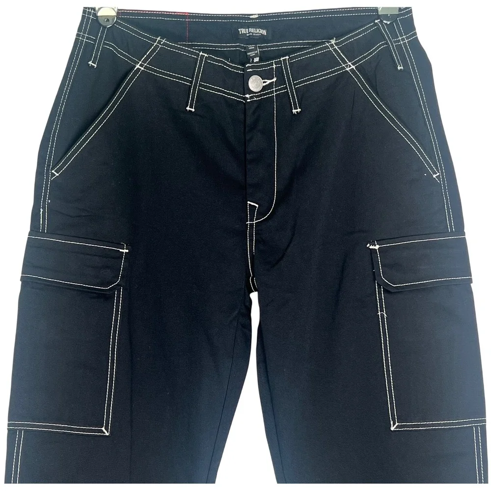 NWT True Religion Mens Black Contrast Stitch Cargo Pants 32 Straight Leg